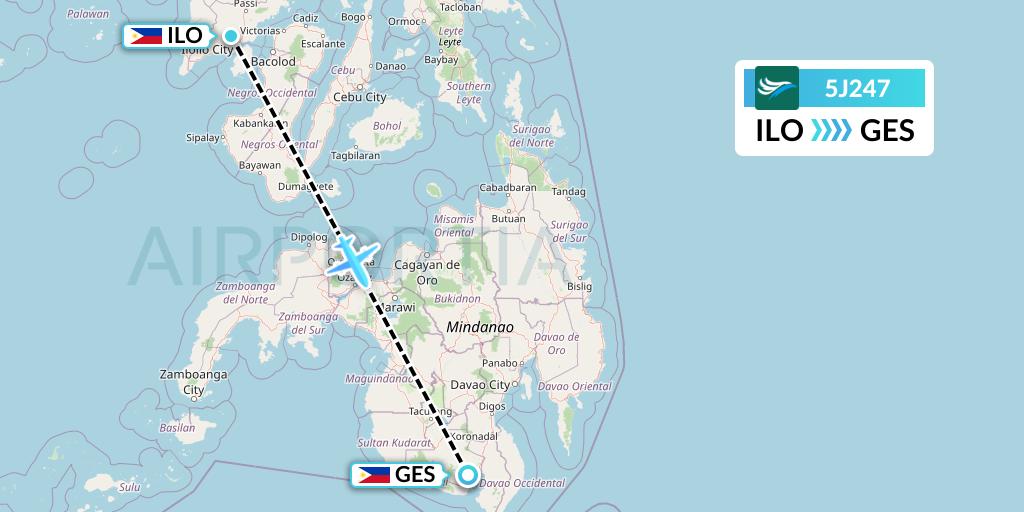 5J247 CEBU Pacific Air Flight Map: Iloilo to General Santos