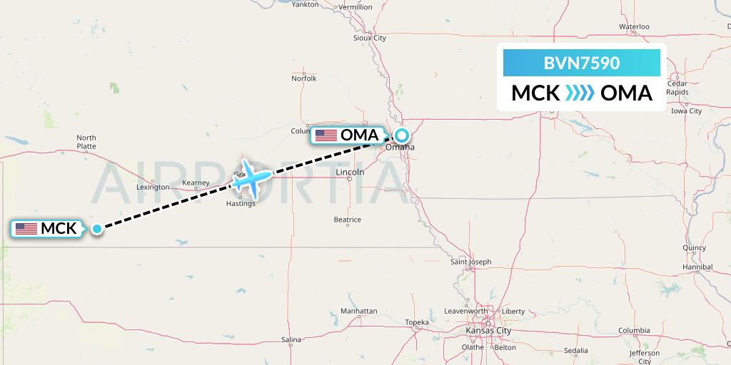 BVN7590 Baron Aviation Services Flight Map: McCook to Omaha
