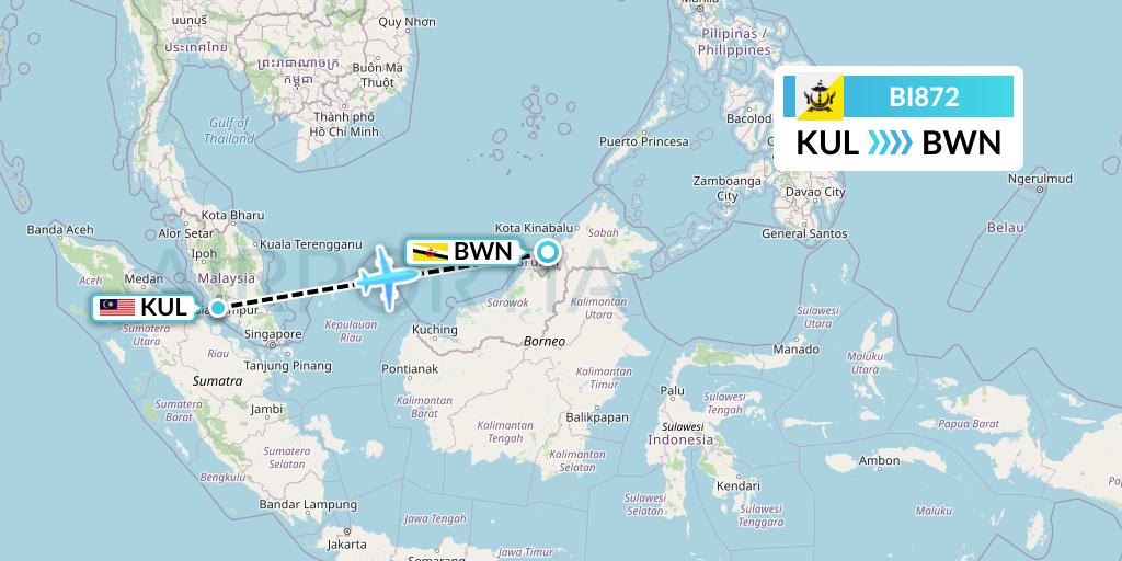 BI872 Royal Brunei Airlines Flight Map: Kuala Lumpur to Brunei
