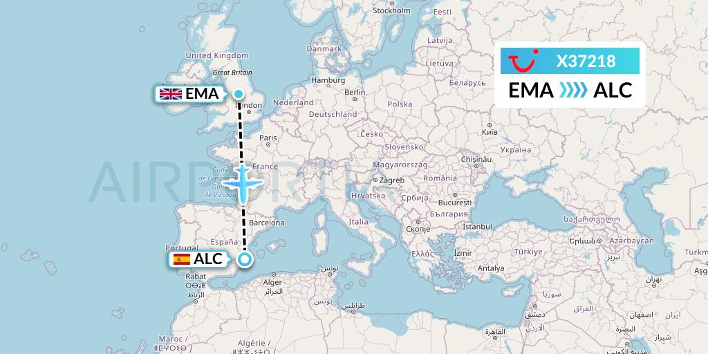 X37218 TUI fly Germany Flight Map: East Midlands to Alicante