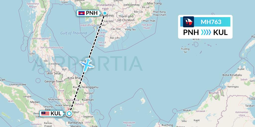 MH763 Malaysia Airlines Flight Map: Phnom Penh to Kuala Lumpur