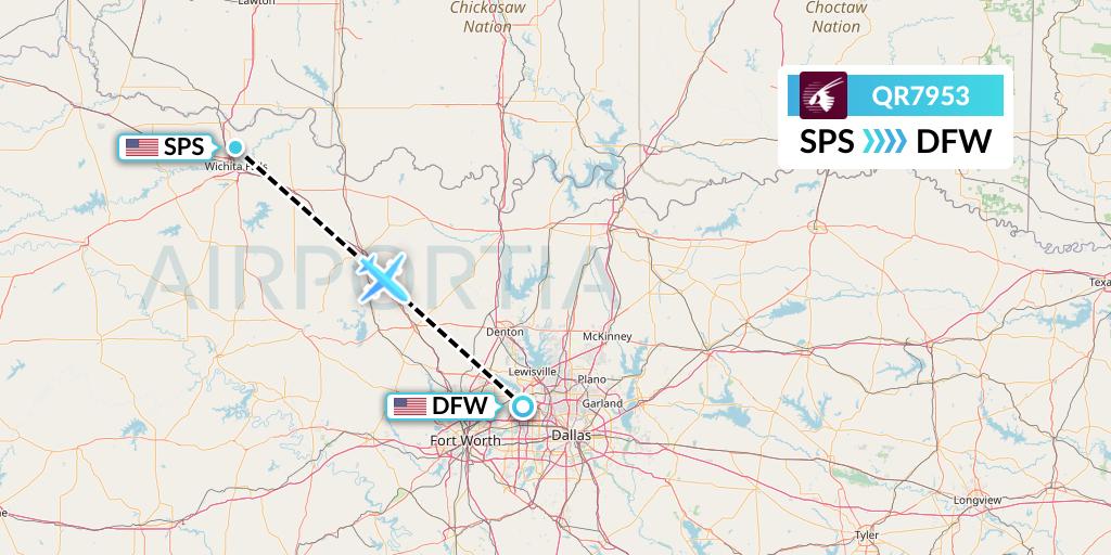 QR7953 Qatar Airways Flight Map: Wichita Falls to Dallas
