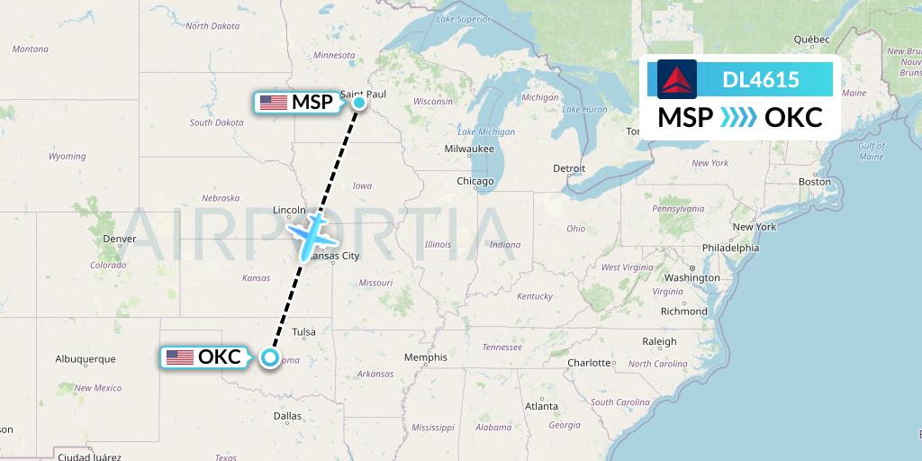 DL4615 Delta Air Lines Flight Map: Minneapolis to Oklahoma City