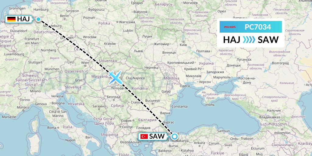 PC7034 Pegasus Airlines Flight Map: Hannover to Istanbul