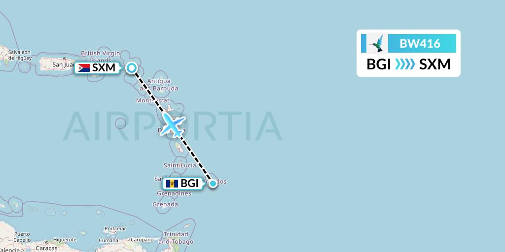 BW416 Caribbean Airlines Flight Map: Bridgetown to Sint Maarten