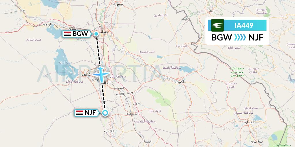 IA449 Iraqi Airways Flight Map: Baghdad to Najaf