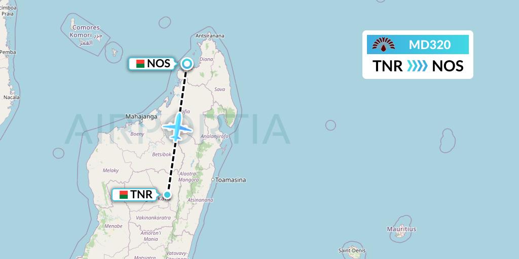 MD320 Air Madagascar Flight Map: Antananarivo to Nosy Be
