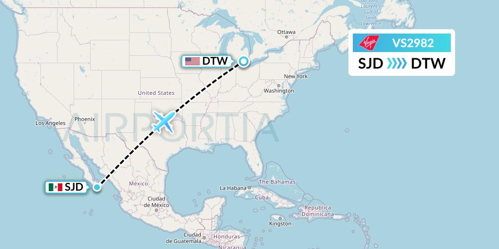 VS2982 Virgin Atlantic Airways Flight Map: San Jose del Cabo to Detroit