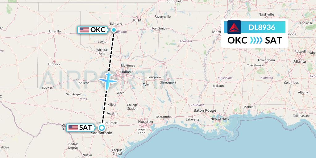 DL8936 Delta Air Lines Flight Map: Oklahoma City to San Antonio
