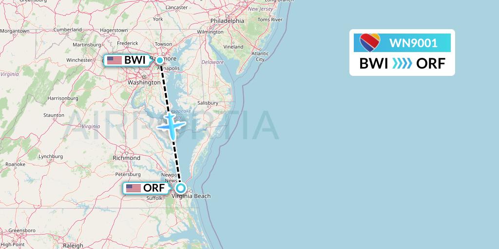 WN9001 Southwest Airlines Flight Map: Baltimore to Norfolk