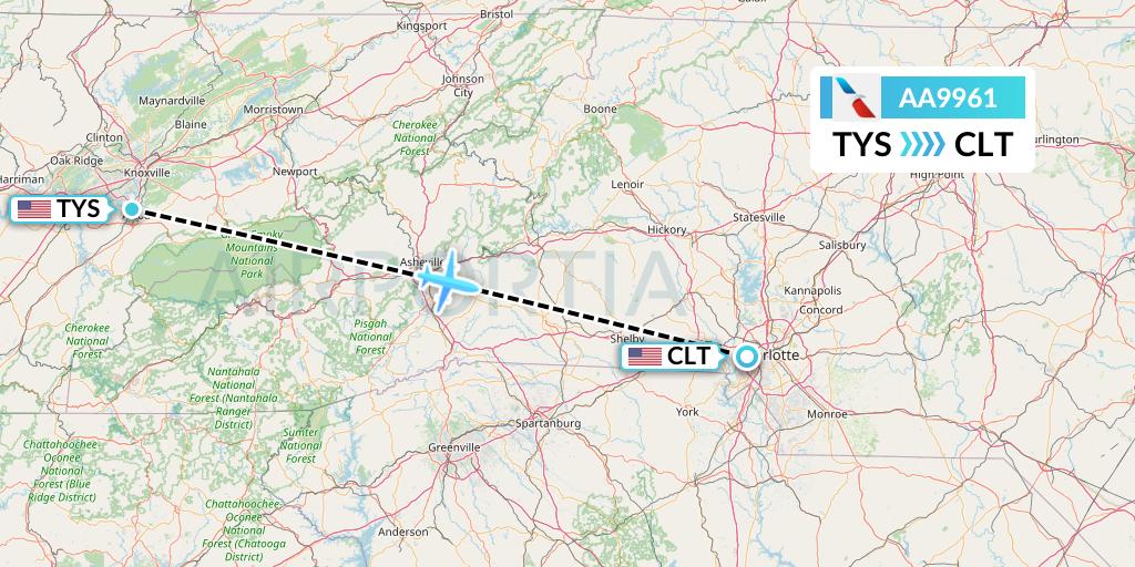AA9961 American Airlines Flight Map: Knoxville to Charlotte
