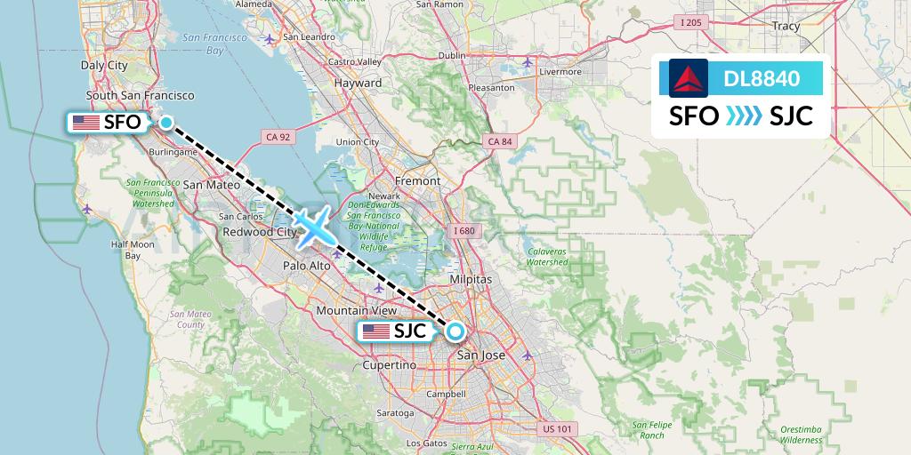 DL8840 Delta Air Lines Flight Map: San Francisco to San Jose