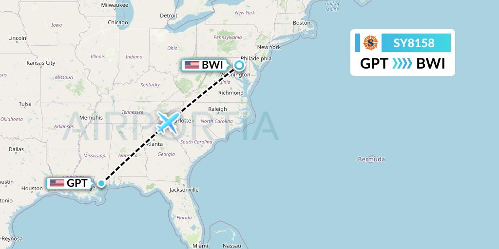 SY8158 Sun Country Airlines Flight Map: Gulfport to Baltimore
