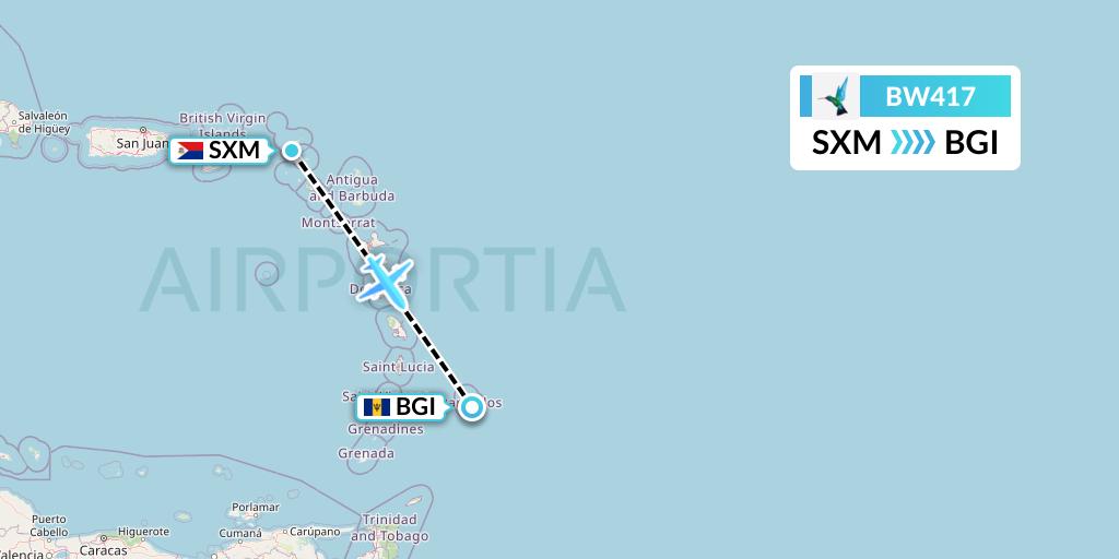 BW417 Caribbean Airlines Flight Map: Sint Maarten to Bridgetown