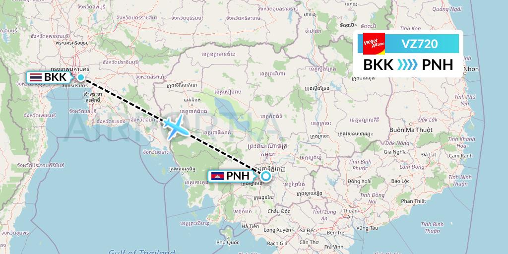 VZ720 Thai Vietjet Air Flight Map: Bangkok to Phnom Penh