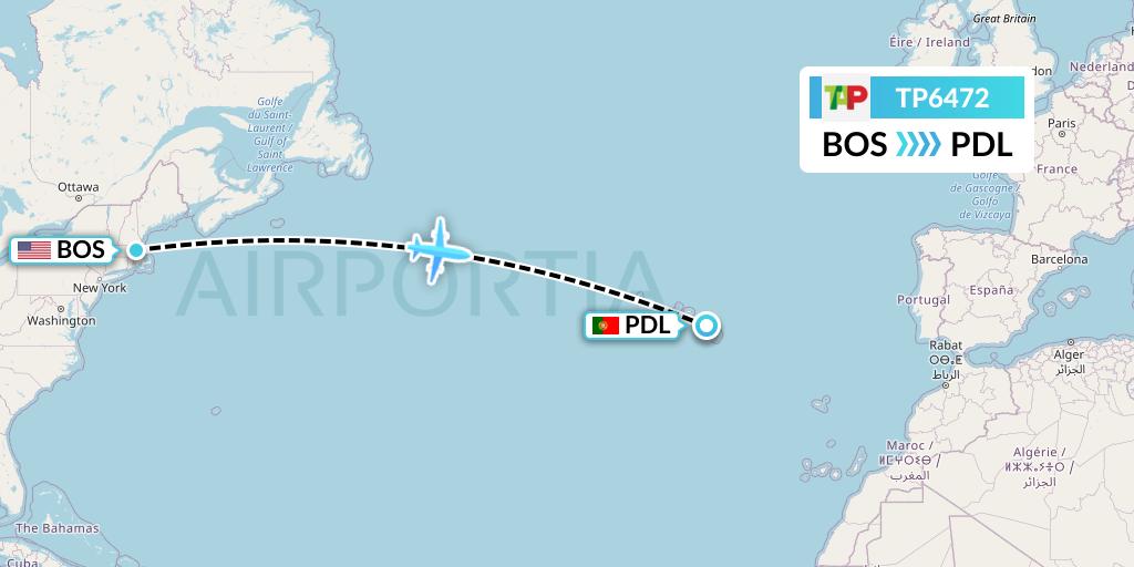 TP6472 TAP Portugal Flight Map: Boston to Ponta Delgada