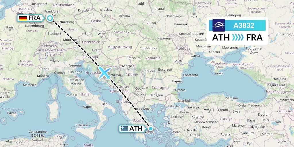 A3832 Aegean Airlines Flight Map: Athens to Frankfurt