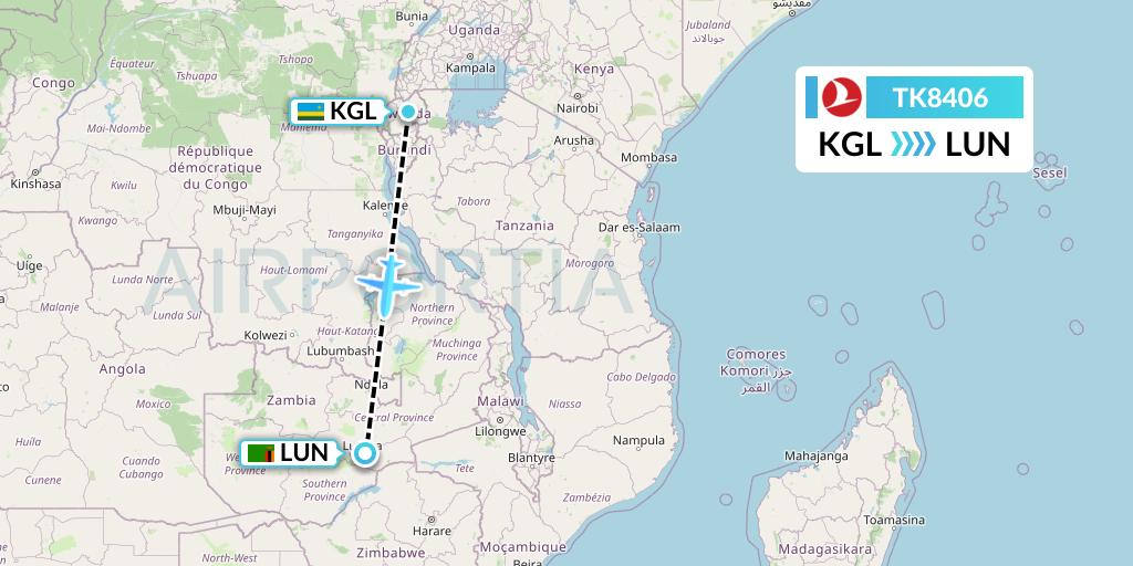 TK8406 Turkish Airlines Flight Map: Kigali to Lusaka
