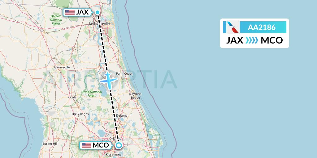 AA2186 American Airlines Flight Map: Jacksonville to Orlando
