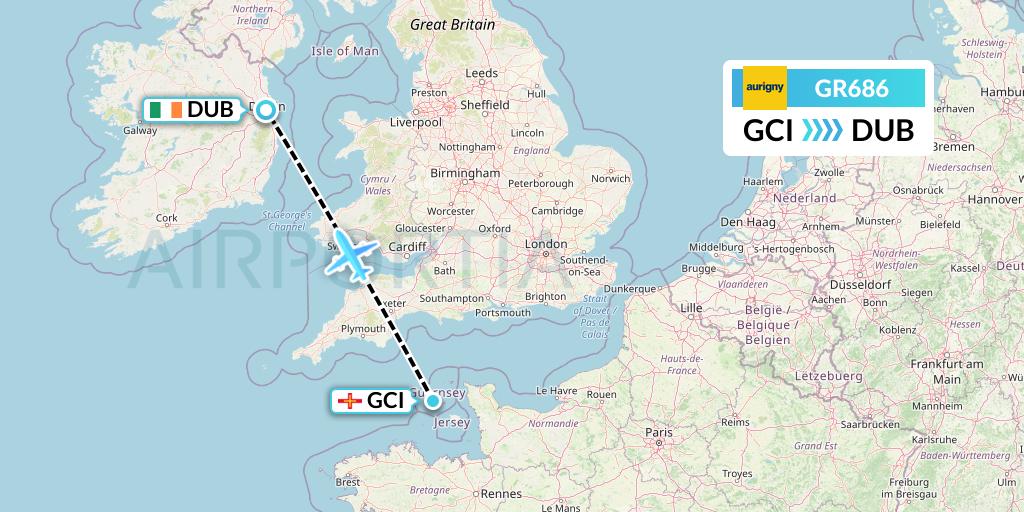 GR686 Aurigny Air Services Flight Map: Guernsey to Dublin