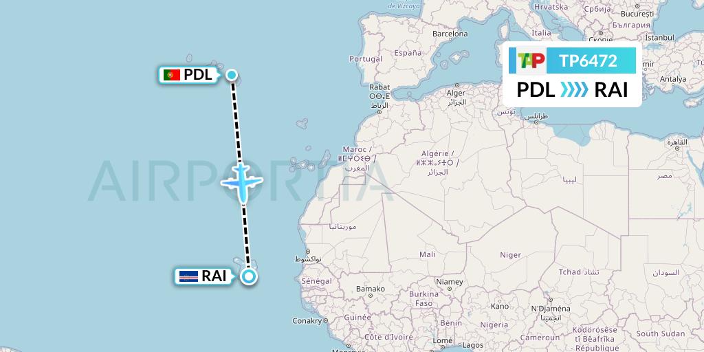 TP6472 TAP Portugal Flight Map: Ponta Delgada to Praia