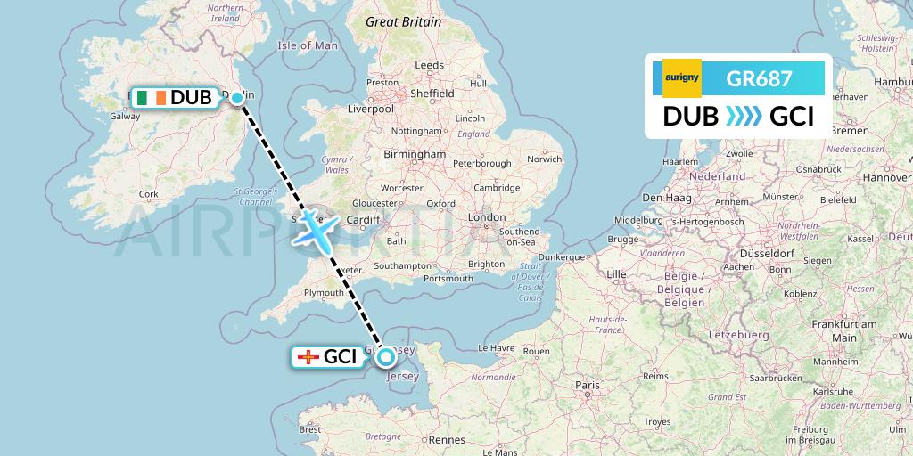 GR687 Aurigny Air Services Flight Map: Dublin to Guernsey
