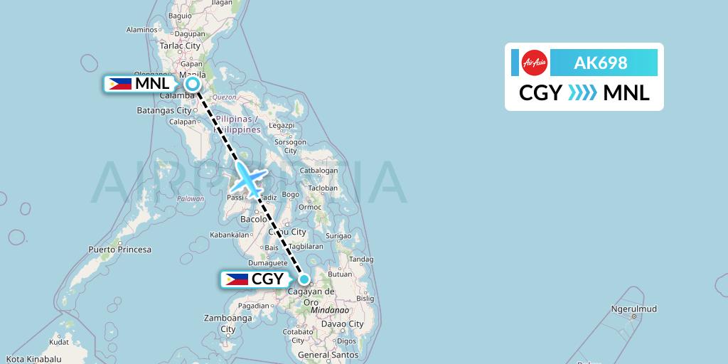 AK698 AirAsia Flight Map: Cagayan de Oro to Manila