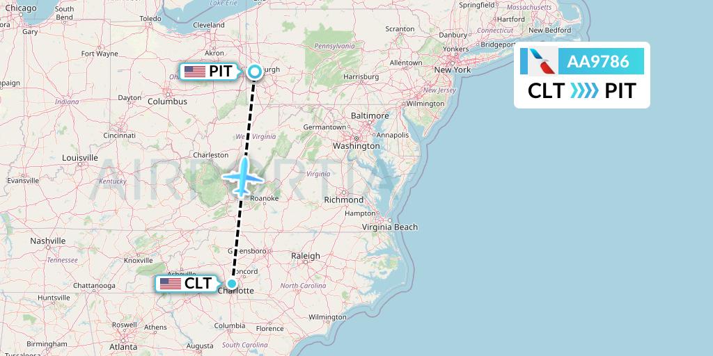 AA9786 American Airlines Flight Map: Charlotte to Pittsburgh