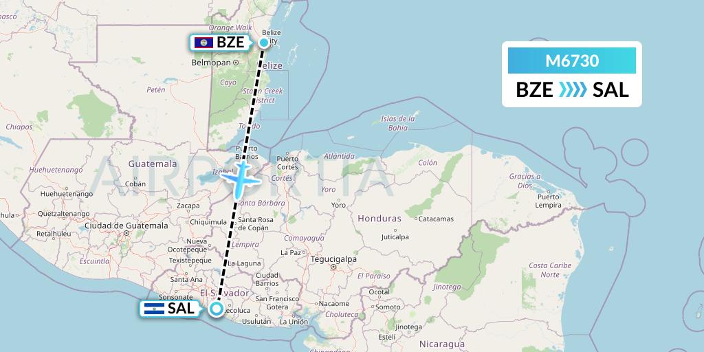 M6730 Amerijet International Flight Map: Belize City to San Salvador