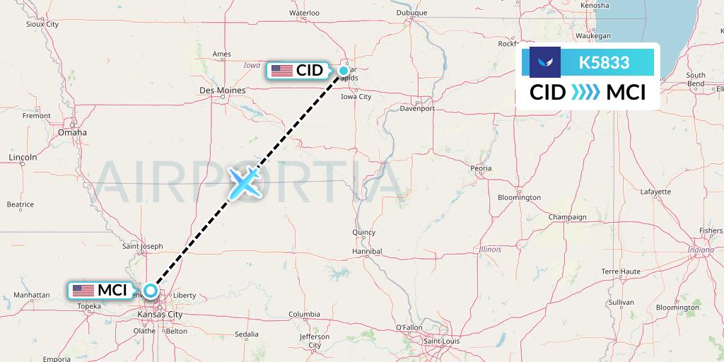 K5833 SeaPort Airlines Flight Map: Cedar Rapids to Kansas City