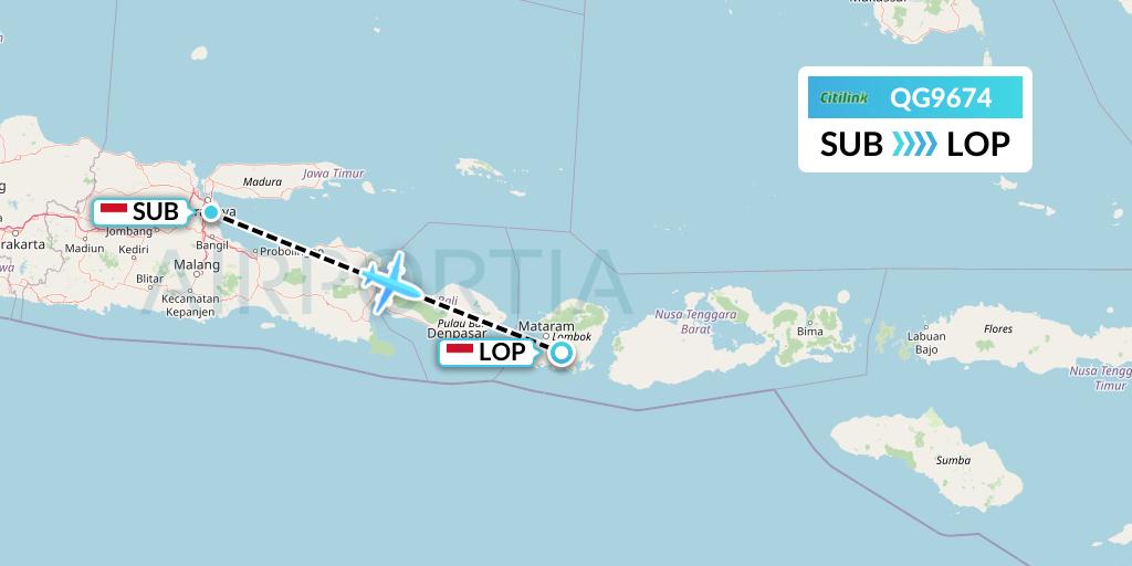 QG9674 Citilink Flight Map: Surabaya to Lombok