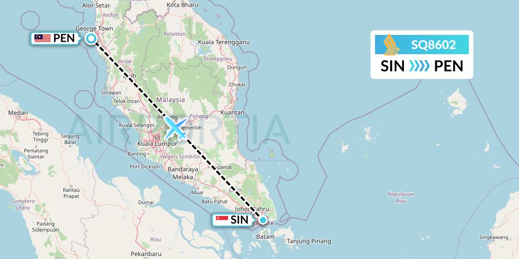 SQ8602 Singapore Airlines Flight Map: Singapore to Penang