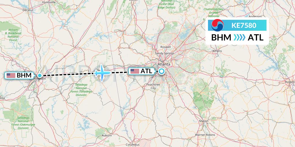 KE7580 Korean Air Flight Map: Birmingham to Atlanta