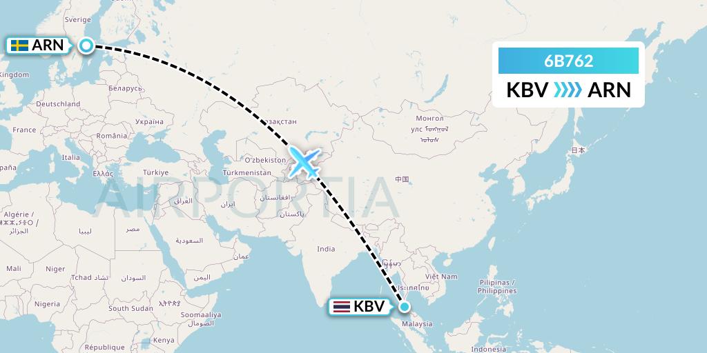6B762 TUI fly Nordics Flight Map: Krabi to Stockholm
