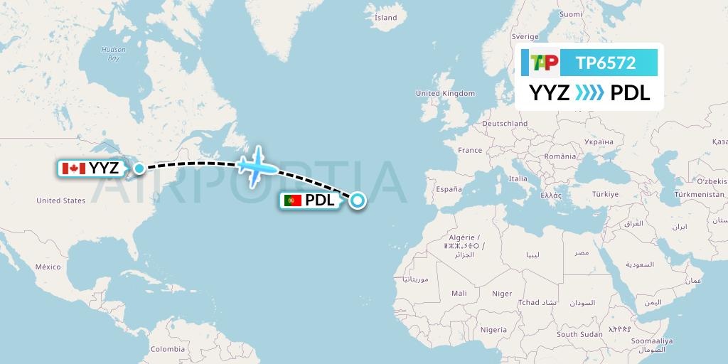 TP6572 TAP Portugal Flight Map: Toronto to Ponta Delgada
