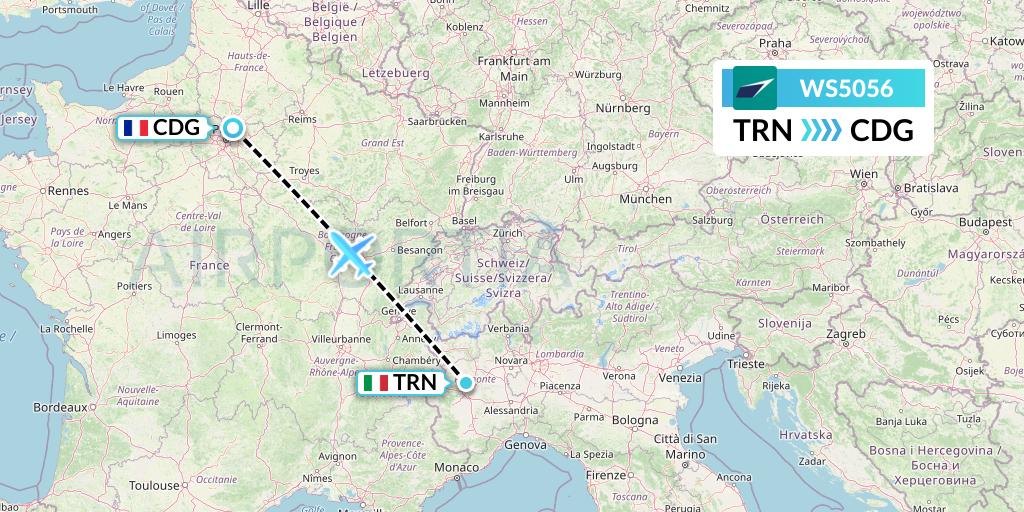 WS5056 WestJet Flight Map: Turin to Paris
