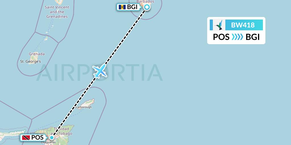 BW418 Caribbean Airlines Flight Map: Port of Spain to Bridgetown