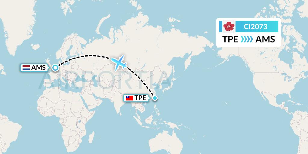 CI2073 China Airlines Flight Map: Taipei to Amsterdam