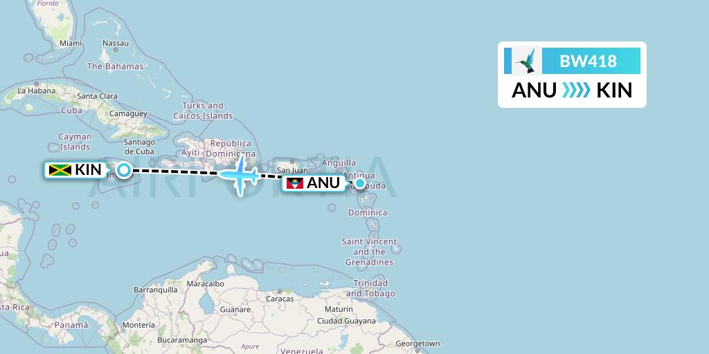 BW418 Caribbean Airlines Flight Map: Antigua to Kingston