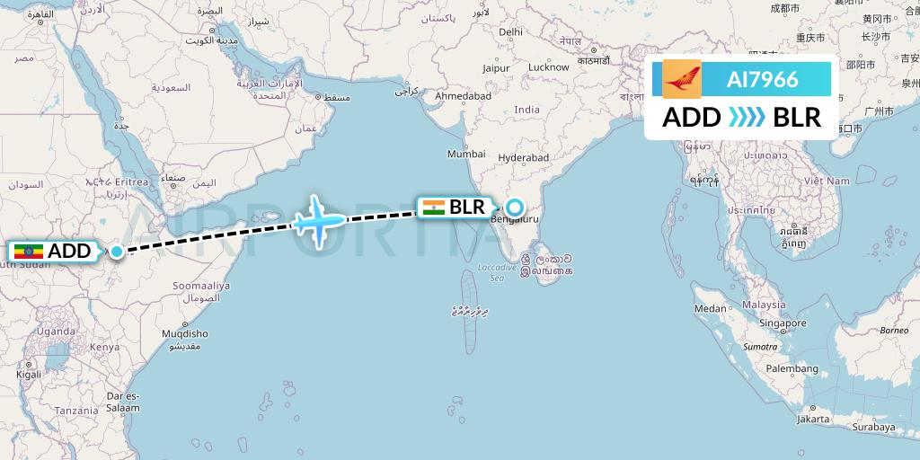 AI7966 Air India Flight Map: Addis Ababa to Bangalore