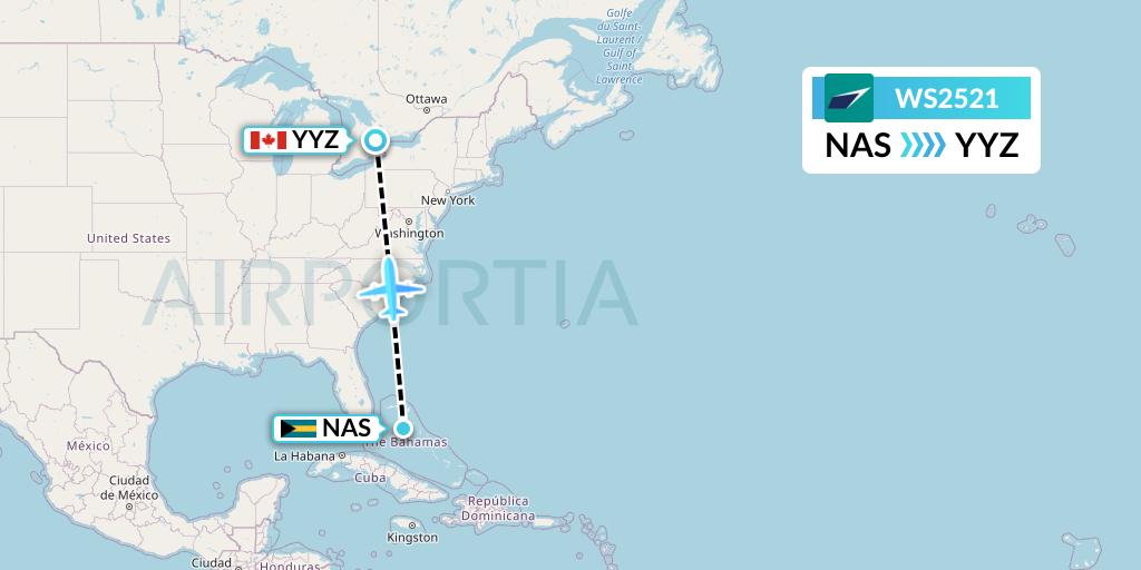 WS2521 WestJet Flight Map: Nassau to Toronto