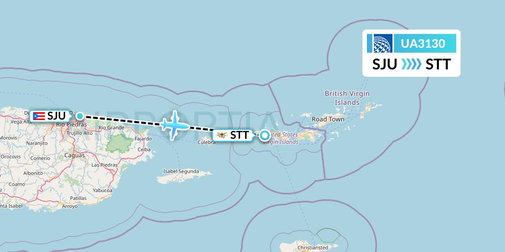 UA3130 United Airlines Flight Map: San Juan to St. Thomas