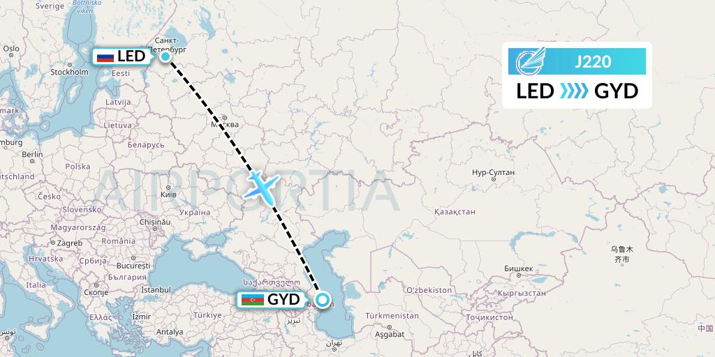 J220 Azerbaijan Airlines Flight Map: St. Petersburg to Baku