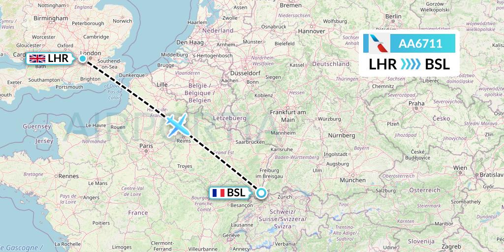 AA6711 American Airlines Flight Map: London to Basel