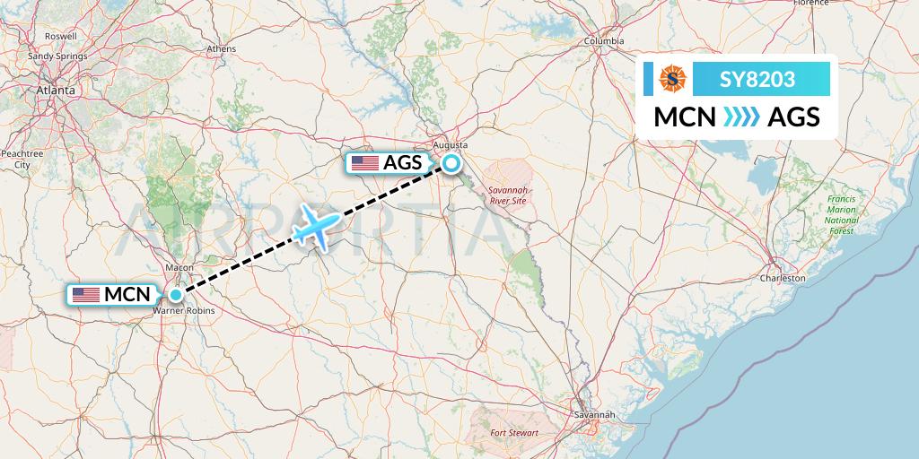 SY8203 Sun Country Airlines Flight Map: Macon to Augusta