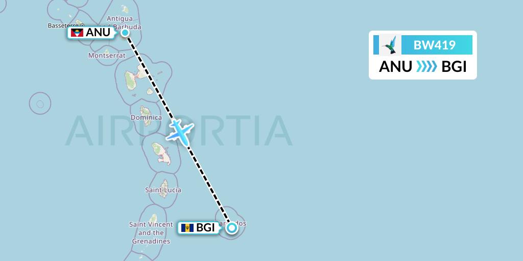BW419 Caribbean Airlines Flight Map: Antigua to Bridgetown