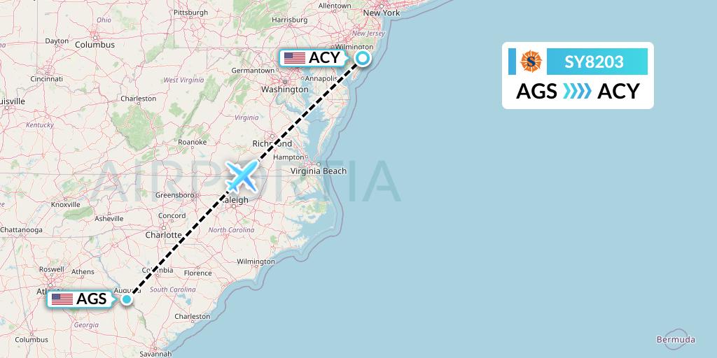 SY8203 Sun Country Airlines Flight Map: Augusta to Atlantic City