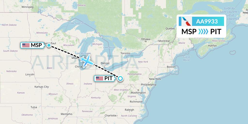 AA9933 American Airlines Flight Map: Minneapolis to Pittsburgh