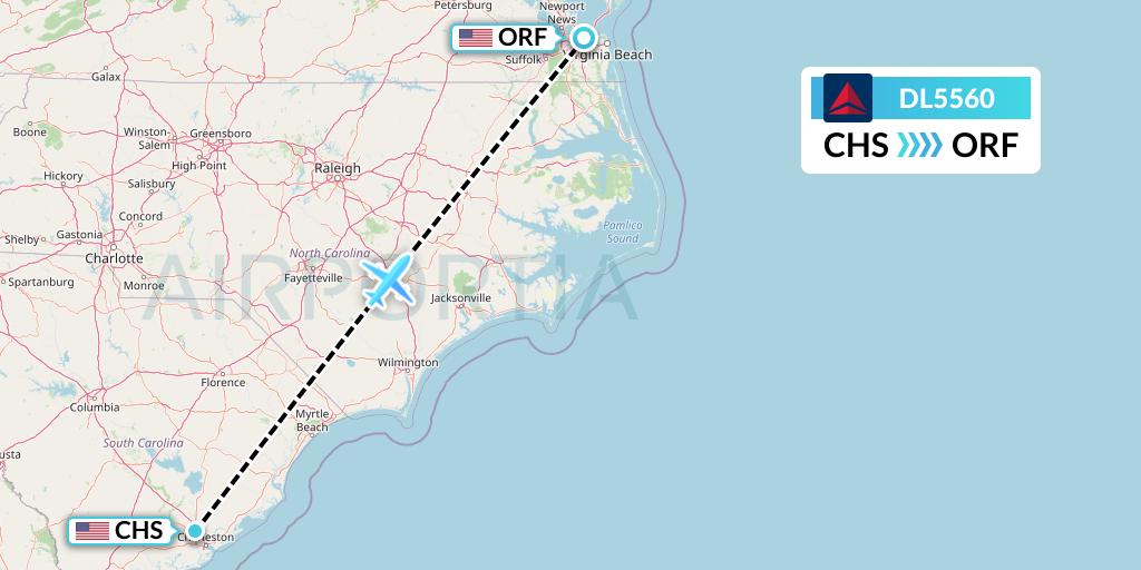 DL5560 Delta Air Lines Flight Map: Charleston to Norfolk