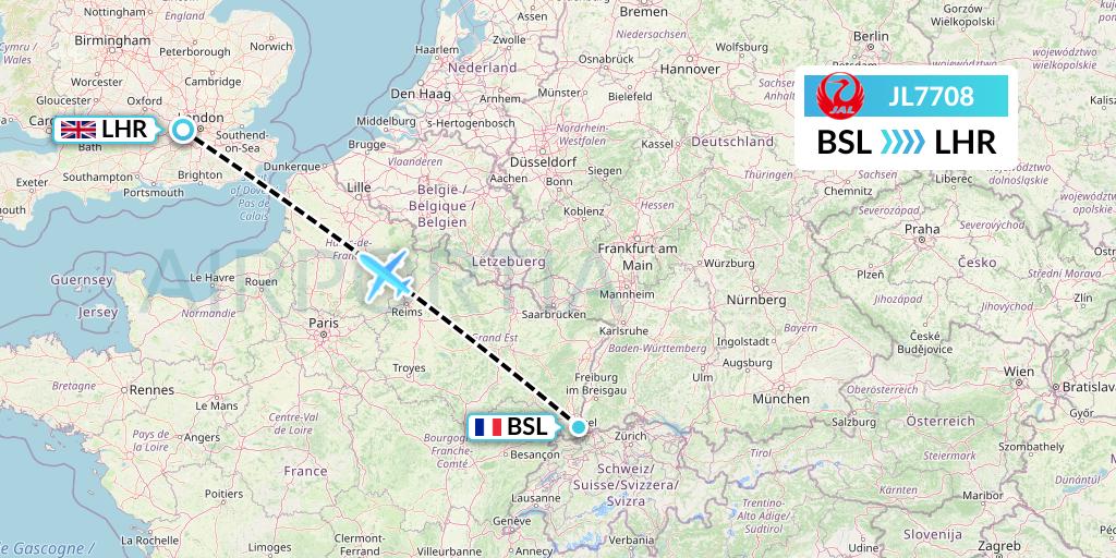 JL7708 Japan Airlines Flight Map: Basel to London
